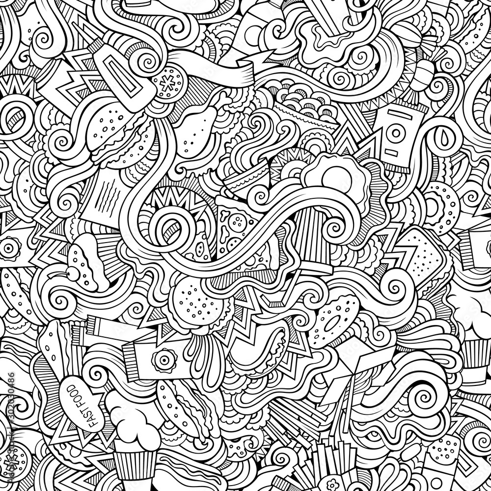 Fastfood hand drawn doodles seamless pattern. Fast food background Fastfood hand drawn doodles seamless pattern. Fast food background