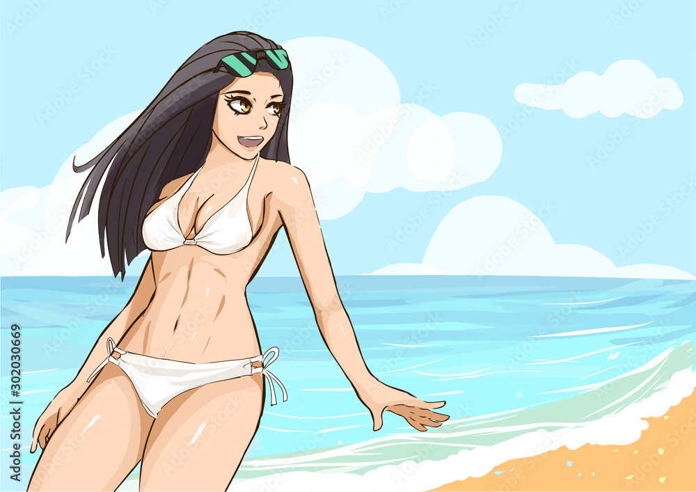 sexy bikini girl cartoon anime on beach vacation and holiday vector concept  Stock Vector | Adobe Stock