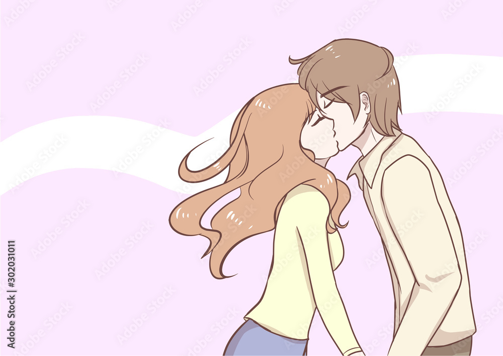 Stockvektorbilden Couple kissing romantic sweet pastel vector illustration  in concepts cute kawaii anime manga style relationship and valentine in  love.