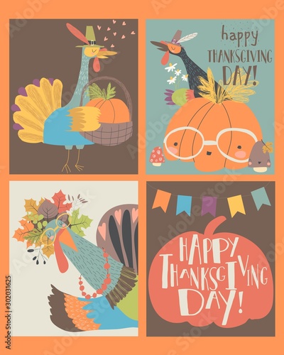 Sset of Thanksgiving card with turkey and pumpkin photo