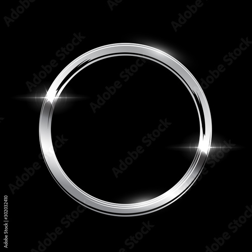 Silver ring with shadow isolated on black background. Vector golden frame.