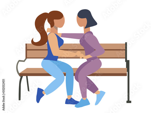 Homosexuality, lesbian. Two girls romantically sit on a bench. Flat style. Cartoon vector