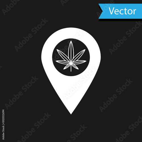 White Map pointer and marijuana or cannabis leaf icon isolated on black background. Hemp symbol. Vector Illustration