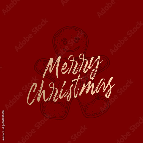 Merry Christmas Abstract Vector Retro Label, Sign or Card Template. Hand Drawn Gingerbread Cookie Sketch Illustration with Brush Like Retro Golden Typography. Premium Red Background