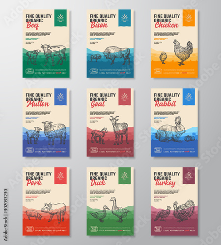 Fine Quality Organic Vector Meat Packaging Vertical Label Design Collection. Modern Typography and Hand Drawn Domestic Animals Silhouettes. Rural Pasture Landscape Background Layouts Bundle.