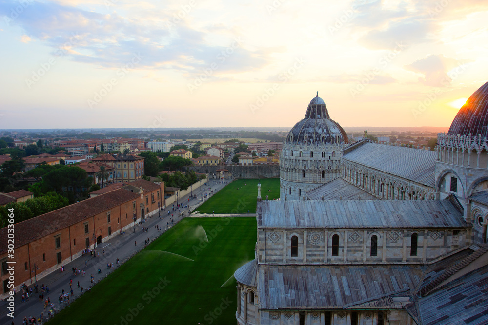 Pisa Cathedral, Baptistery, view from above from the Leaning Tower at sunset