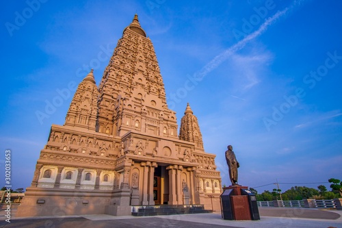 Mahabodhi Temple or Bodh Gaya Pagoda at Wat-Panyanantaram  sunrise and beautiful sky  Wat Panyanantaram is famous pagoda and popular for traveler near bangkok at Pathum Thani  Thailand