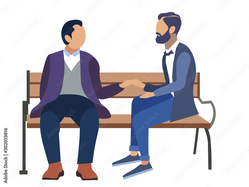Homosexuality, gay. Two mens romantically sit on a bench. Flat style. Cartoon vector Homosexuality, gay. Two mens romantically sit on a bench. Flat style. Cartoon vector
