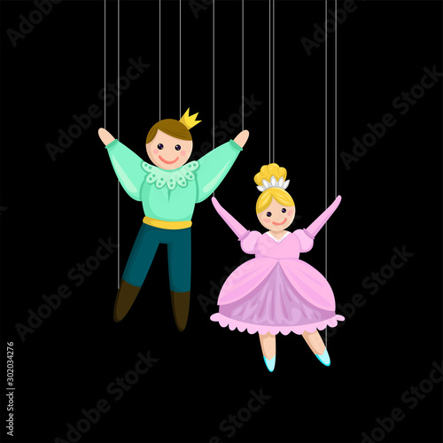 Puppet dolls on the threads in the theater. Vector illustration.