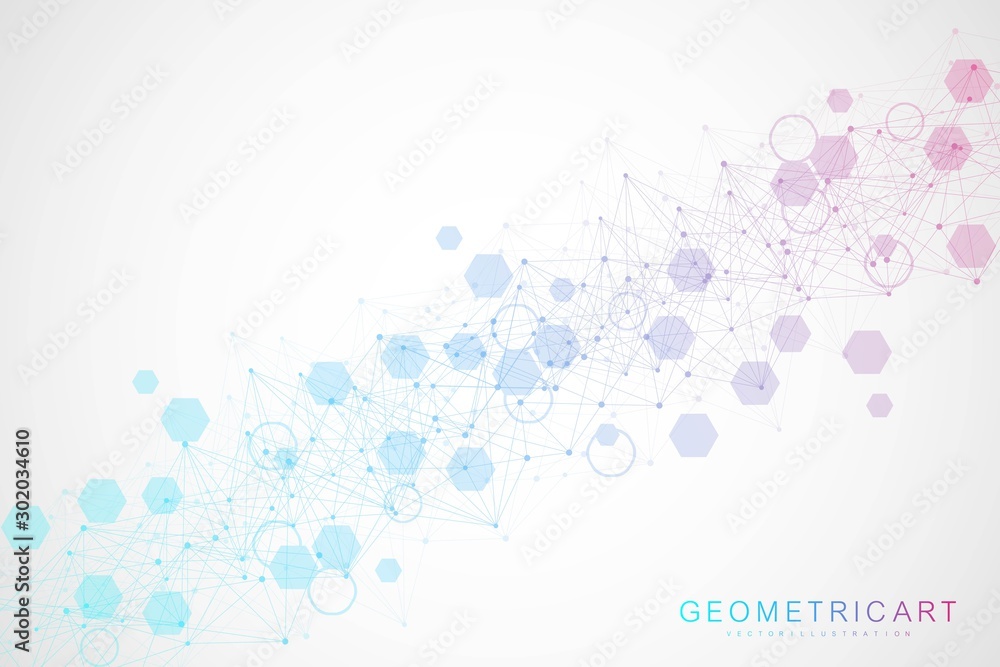 Modern futuristic background of the scientific hexagonal pattern. Virtual abstract background with particle, molecule structure for medical, technology, chemistry, science. Social network vector Modern futuristic background of the scientific hexagonal pattern. Virtual abstract background with particle, molecule structure for medical, technology, chemistry, science. Social network vector