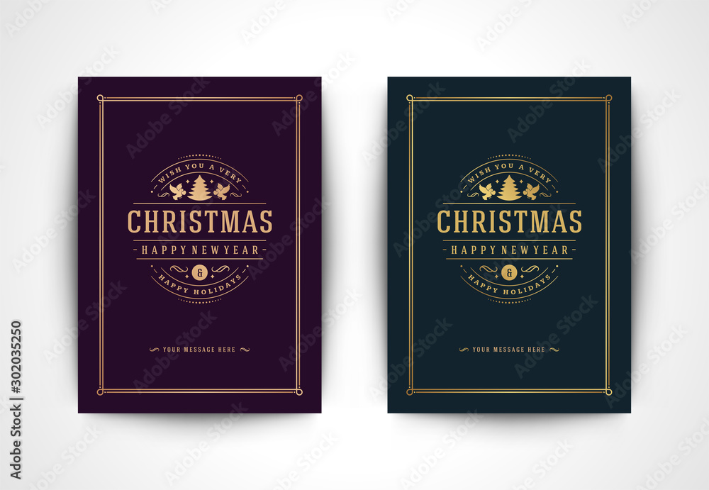 Christmas greeting card with tree silhouette and ornate typographic winter holidays text vector illustration.