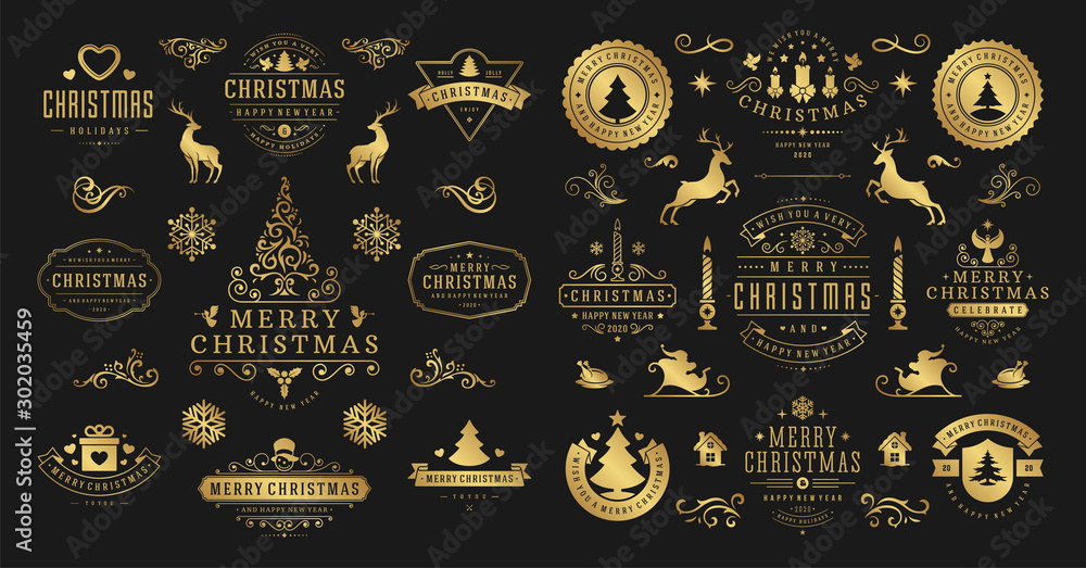 Christmas and happy new year wishes labels and badges set vector ...