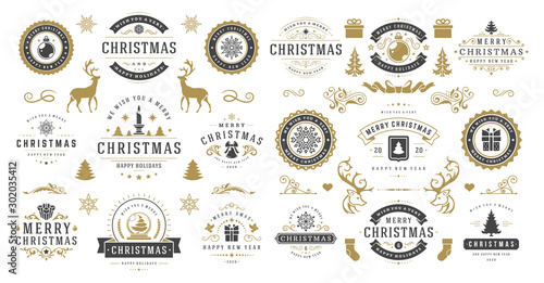 Christmas and happy new year wishes labels and badges set vector illustration