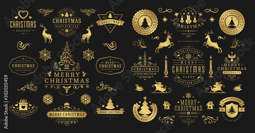 Christmas and happy new year wishes labels and badges set vector illustration