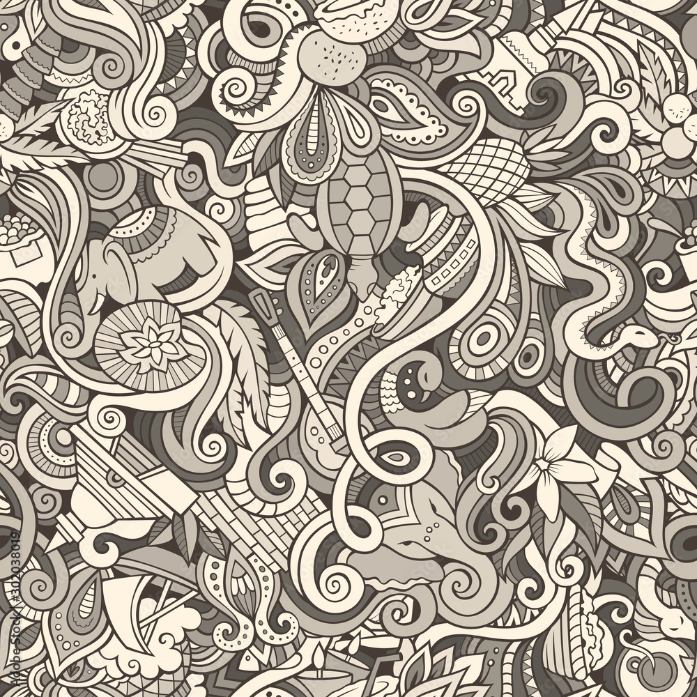Cartoon cute doodles hand drawn Indian culture seamless pattern Cartoon cute doodles hand drawn Indian culture seamless pattern