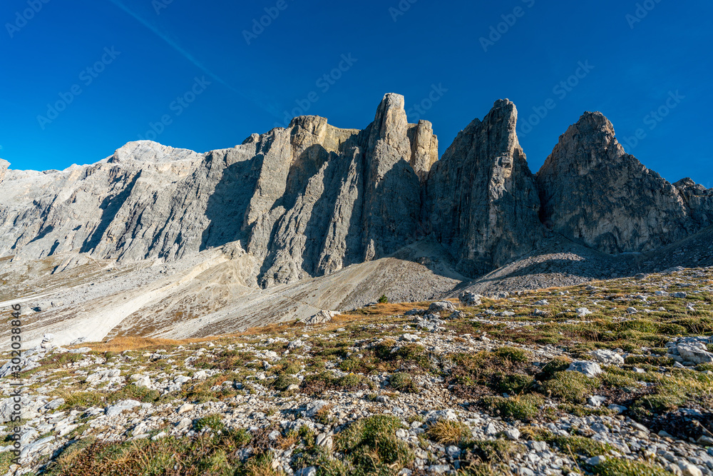 Beautiful panorama view of the Sellastock massif in the italian Dolomites mountains