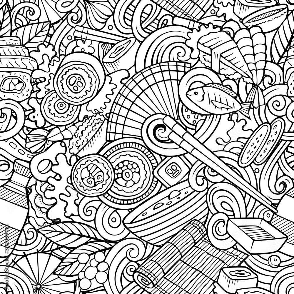 Fototapeta premium Cartoon cute doodles hand drawn Japan Food seamless pattern