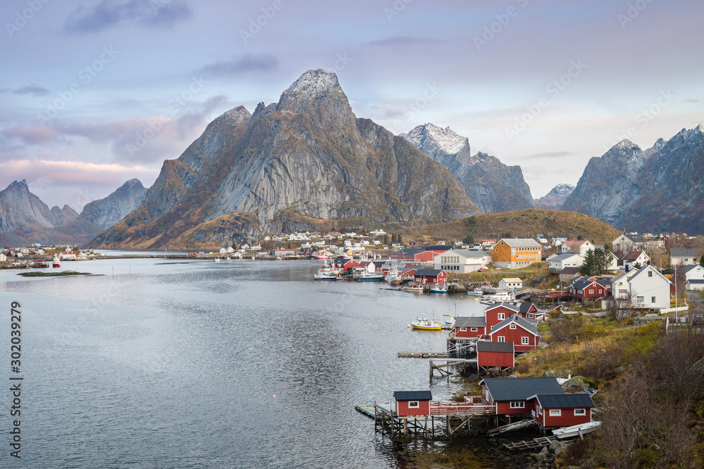 panoramic view of reine fishing town at lofoten islands, norway