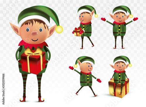 Collection little elses isolated on white background. Santas helpers. Elf with gift present. Icon set. Vector illustration