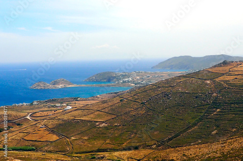 view of Kalafati Bay and Lia Beach, in southern Mykonos, Cyclades island in the heart of the Aegean Sea photo