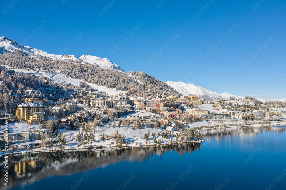 Sankt Moritz, famous place in the Swiss Alps - Alpine lake and beautiful village in winter season