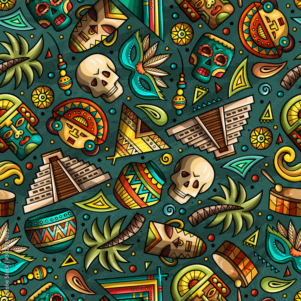 Fototapeta premium Cartoon hand-drawn latin american, mexican seamless pattern