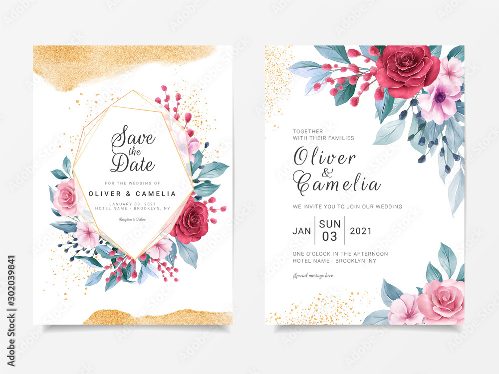 Luxury wedding invitation card template set with geometric floral frame and  gold glitter decoration. Red and peach roses flowers background for save  the date, invitation, greeting card, poster Stock Vector | Adobe