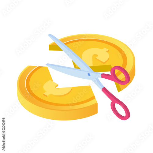  Scissors cutting money. Divide money, share profits or Sale concept Discounts symbol. Cost reduction or cut price. . Vector isometric illustration.