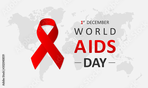 World AIDS Day December 1st. Banner with red ribbon and text World Aids Day on gray map background. Vector illustration EPS 10