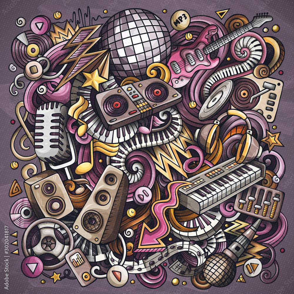 Cartoon color doodles Disco music illustration