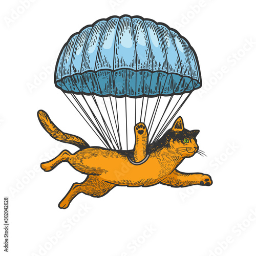 Cat animal flies with parachute as paratrooper sketch engraving vector illustration. T-shirt apparel print design. Scratch board style imitation. Black and white hand drawn image.