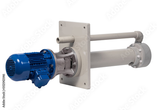 Barrel chemical pump with AC motor isolated on white background.
