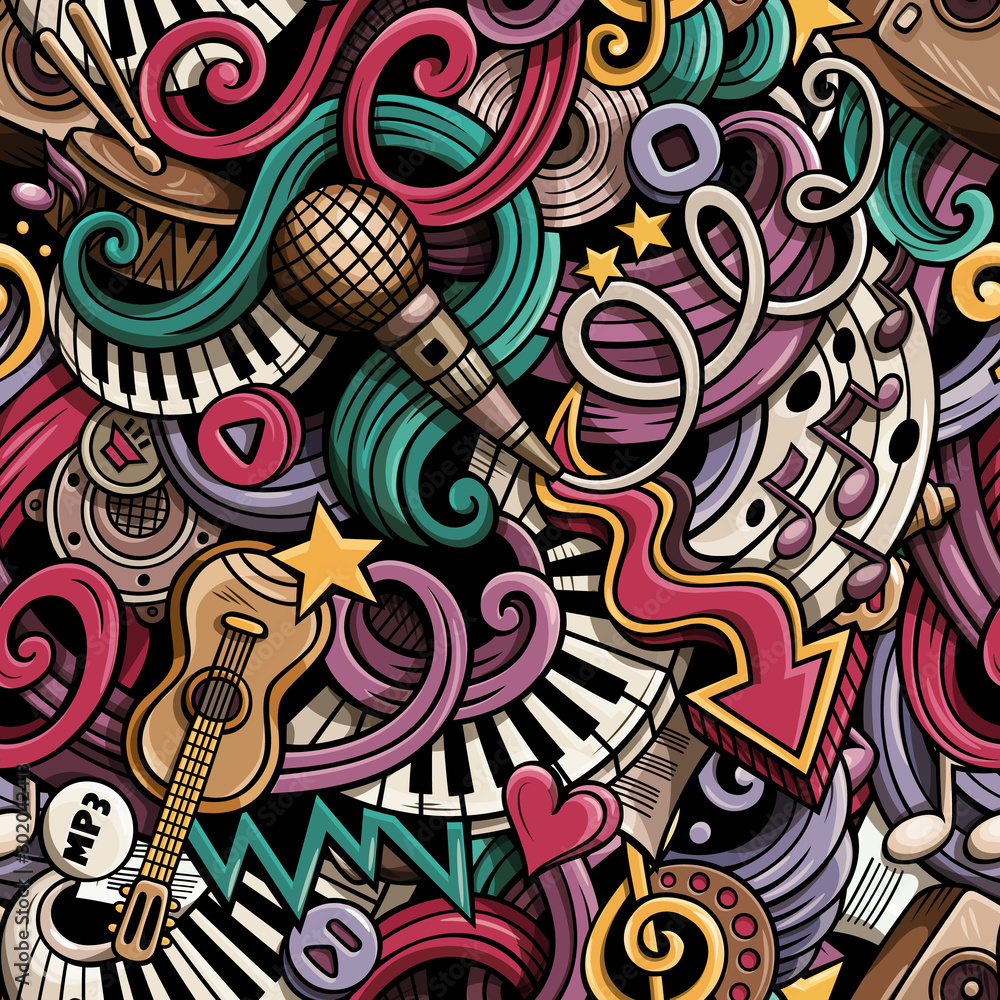 Fototapeta Cartoon hand drawn doodles Music seamless pattern