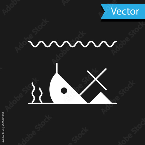 White Sunken ship at the bottom of the sea icon isolated on black background. Vector Illustration