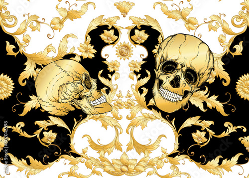 Seamless floral pattern, background In baroque style with human skull in gold white and black colors vector illustration