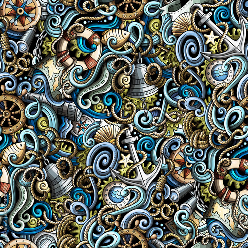 Cartoon hand-drawn nautical doodles seamless pattern