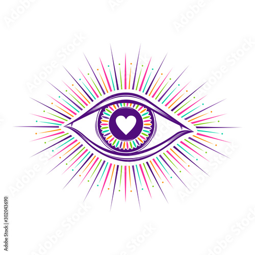  All seeing eye symbol graphic. Vision of Providence. Alchemy, religion, spirituality, occultism, tattoo art. Isolated vector illustration. Conspiracy theory. Decorative drawing style. Priint logo