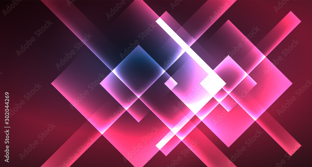 Fototapeta premium Neon glowing techno square rectangle lines, blue hi-tech futuristic abstract background