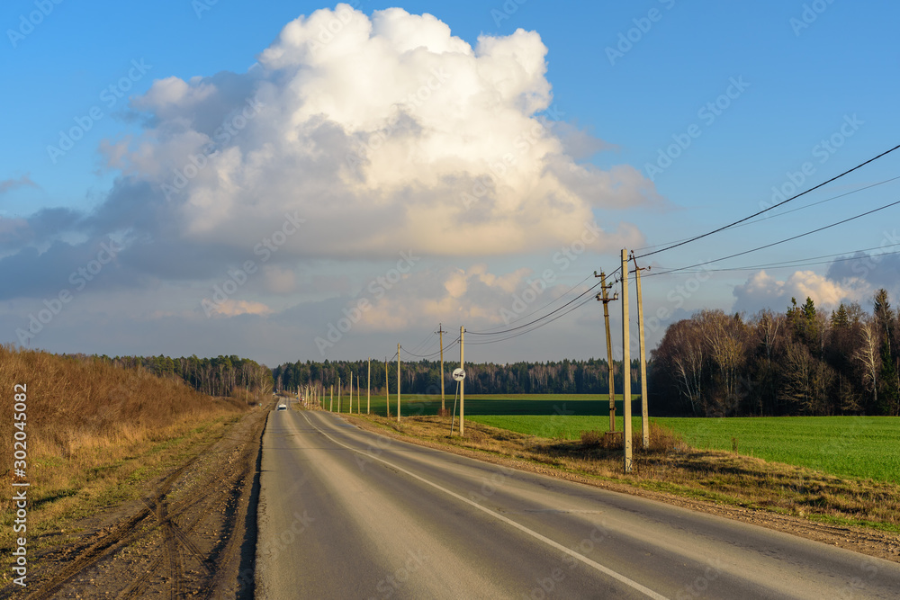 Сountry asphalt road along the field of winter rye, autumn landscape with large cloud on the horizon
