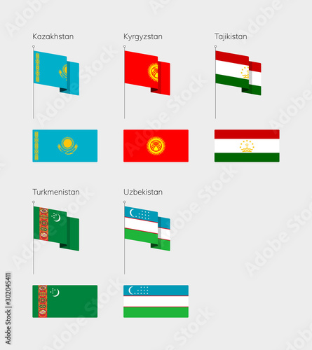 Countries of Central Asia according to the UN classification. Set of flags. Kazakhstan, Kyrgyzstan, Tajikistan, Turkmenistan and Uzbekistan. photo