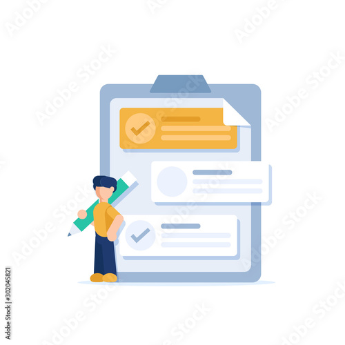 Happy businessman holding a pencil looking at completed checklist on clipboard
