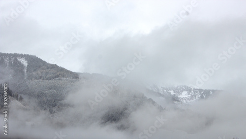 Winter in Upper Austria, view of the Alps through a cloud cover