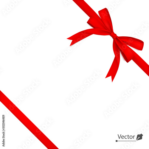 Red isolated ribbon with bow tied to corner with a knot. Gift. Vector illustration.