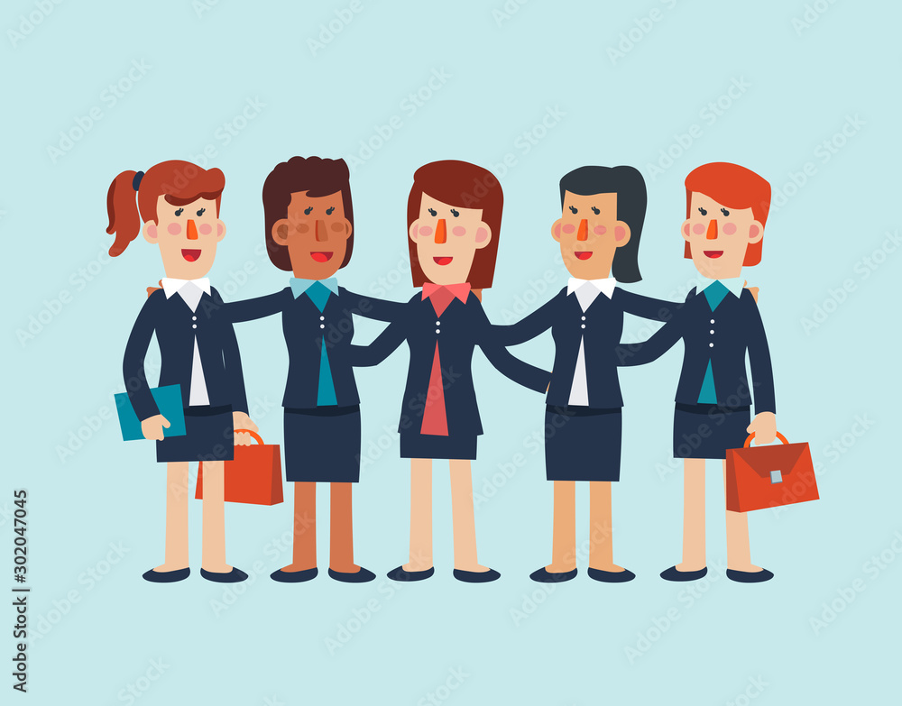 Group of business women are hugging. Female friendship. Teamwork and partnership vector concept