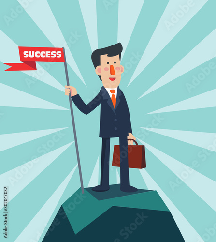 Successful businessman holding flag on top of mountain. Success vector concept