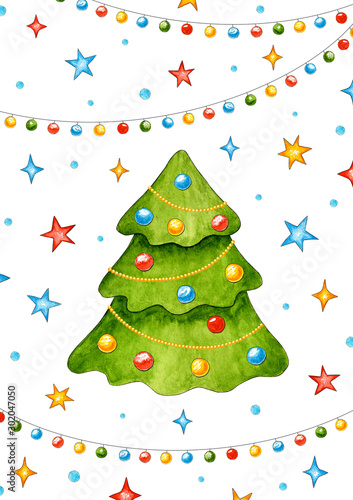 New year's postcard with Christmas tree, stars, bow, beads, garland. Christmas and new year. Watercolor cartoon elements. Symbol 2020. Hand drawn illustration. Christmas gift. Greeting card