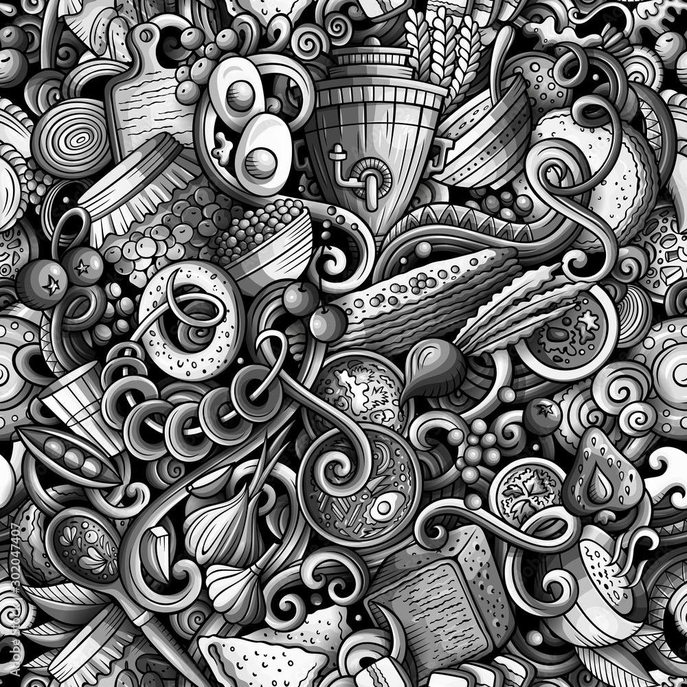 Cartoon cute doodles hand drawn Slavic food seamless pattern