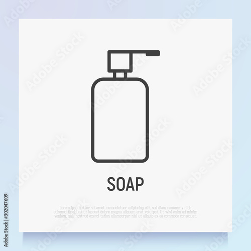Soap dispenser  bottle with pump. Thin line icon. Simple packaging for beauty product. Modern vector illustration.