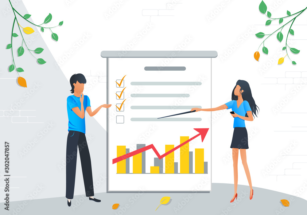 Business people meeting. Training of office staff. Presentation of the project. Flat cartoon vector illustration. Concept for marketing, brainstorm, teamwork, project management strategy Business people meeting. Training of office staff. Presentation of the project. Flat cartoon vector illustration. Concept for marketing, brainstorm, teamwork, project management strategy