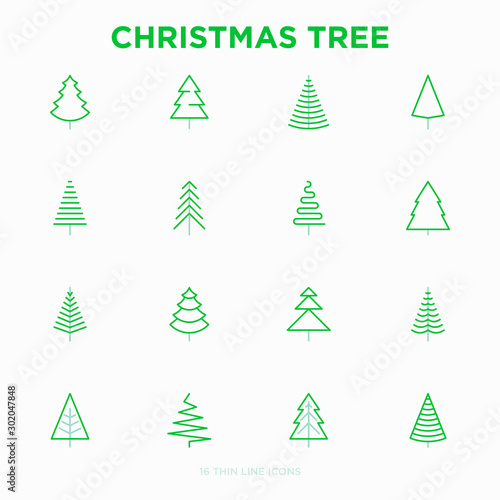 Christmas tree in different shapes. Minimalistic simple thin line icons. Vector illustration for greeting card, Christmas and New Year decoration.